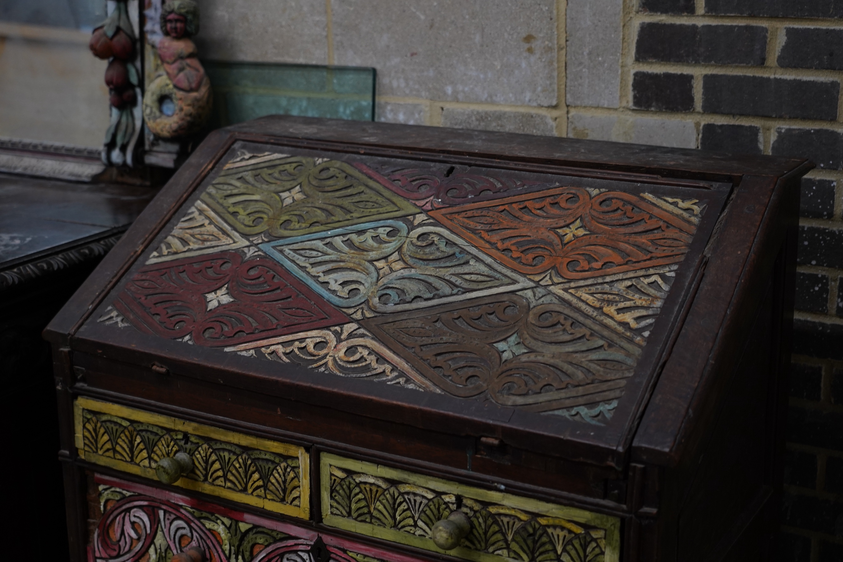 John Bratby (1928-1992): An oak bureau, polychrome decorated by the artist